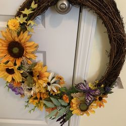 New Sunflower Large Oval Wreath Of Various Shades Of Flowers, Butterfly Accent, Custom Made To Fits Between Door & Storm Door. 19 By 22 Inch Long 