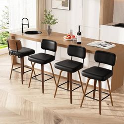 247 Swivel Bar Stools Set of 4, 26" Upholstered Faux Leather Counter Height Barstools with Walnut Back & Bentwood Legs, Mid Century Modern Bar Chairs 