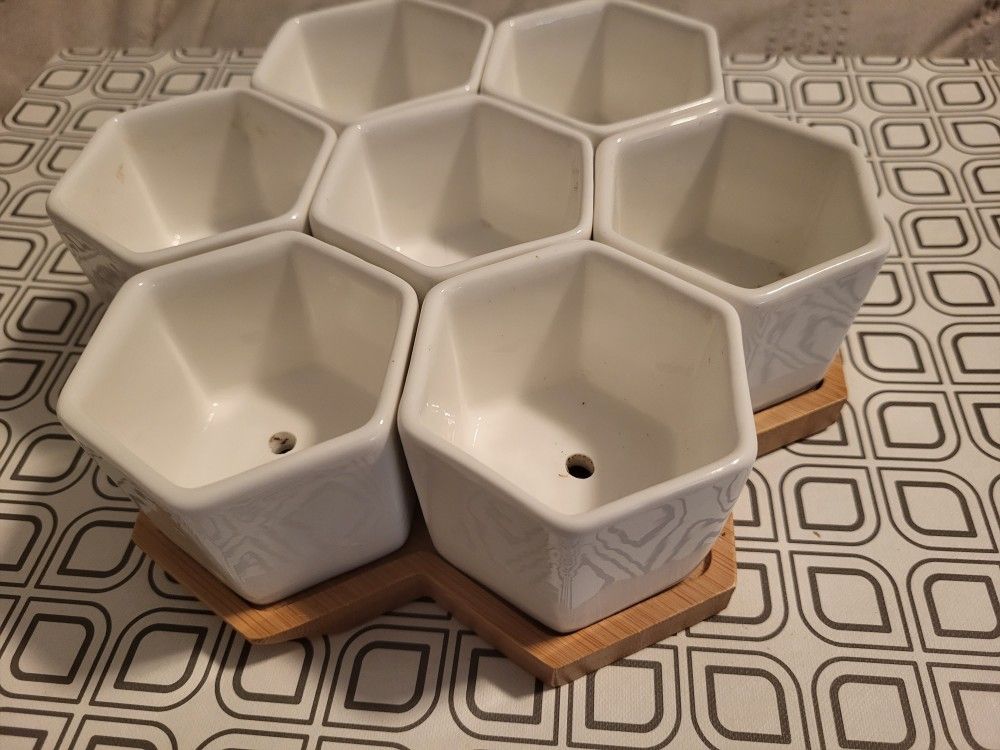 Hexagon Pots With Bamboo Saucer (Price Is For 2 Sets!)