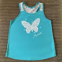 Faded Glory Girls L 10-12 Butterfly Applique Tank Top Lace Aqua Blue Fly Away