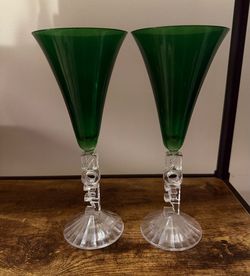 Cristal D'Arques French Lead Crystal Set Of 2 Green NOEL Champagne Glasses