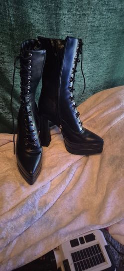 Black Lace-Up Platform Knee-High Boots