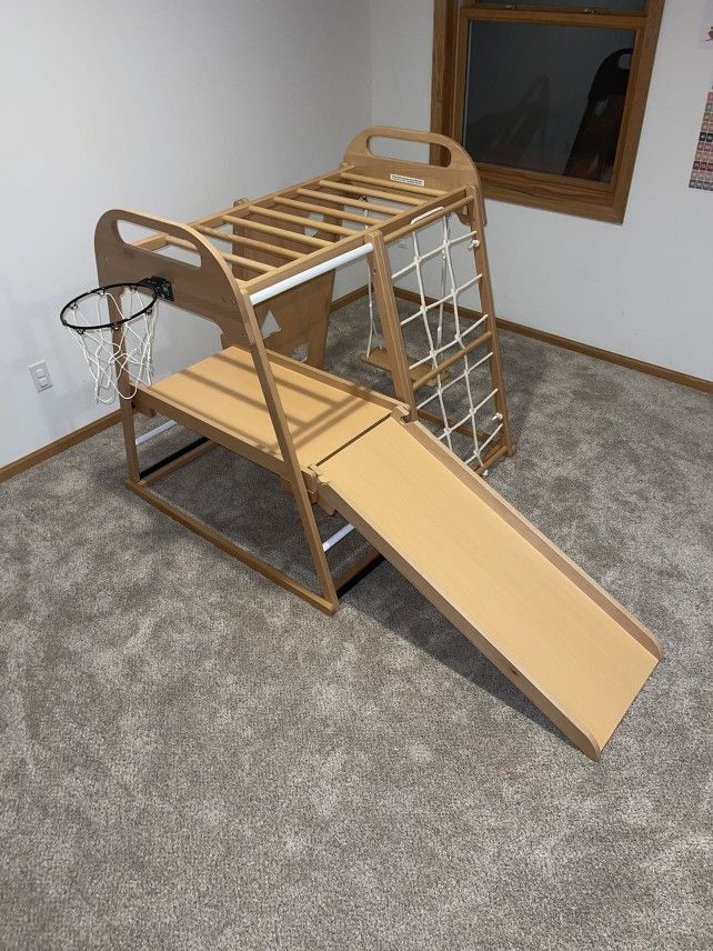 Wooden Kids Climbing Playground Monkey Bars Slide Swing Rock Wall