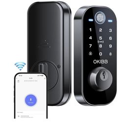 Keyless Entry Door Lock, OKIBB 5-in-1 Smart Lock with Built-in WiFi, Fingerprint/Passcode/Fob/Key Unlock, APP Remote Control, Auto Lock＆One Touch Lock