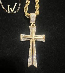 Iced 10k Gold over 316L Stainless Steel Cross Pendant + Premium 5mm Rope Chain