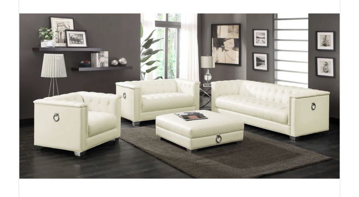 3-Piece Cream Tufted Sofa + Loveseat + Ottoman Set — Stylish Living Room Upgrade!