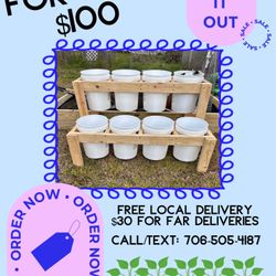 2-Tier Wood Stand with 8 Food Grade Buckets for Gardening