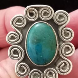 Vtg.Heavy Mexico Sterling Silver Turquoise Flower Ring~ Sz8