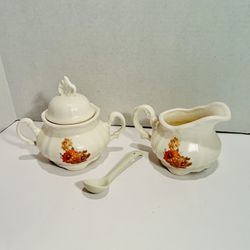 Vintage Sugar and Cream Glass Set with Orange flowers
