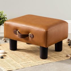 LUE BONA Small Foot Stool with Handle, Whisky Brown PU Leather 