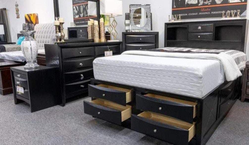 Emily Black Storage Platform Bedroom Set Queen Or King Bed.   Bed, Dresser, Mirror, Nightstand