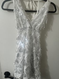 White Sequin Fringe Mini Dress
