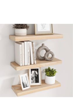 Set of 3 Natural Wood Floating Wall Shelves