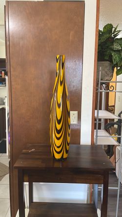 Tall Yellow and Black Swirl Art Glass Vase