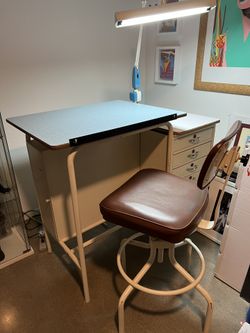 Vintage Metal Drafting Desk, Chair & Lamp