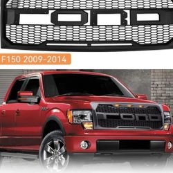 2009-2014 Ford F-150 Raptor Style Front Grille with Letters & Amber LED Lights Matte Black