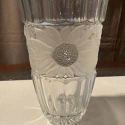 Vintage Large Clear White Bohemian Leaded Crystal Vase, With Band of Frosted & Beaded Glass Sunflowers Etched/Carved Around Center
