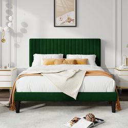 Queen Size Velvet Upholstered Platform Bed Frame with Adjustable Vertical Channel Tufted Headboard, Green