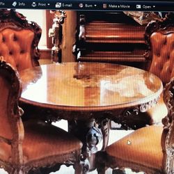 Beautiful  Italian Dining Set Carved Cherubs , Inlay Table,,4 Leathervchairs