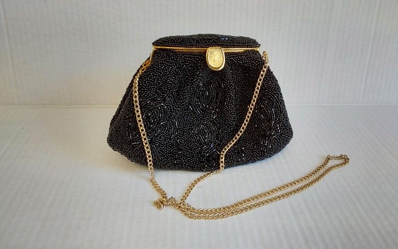 Black Bead Night Purse w/ Gold Shoulder Chain
