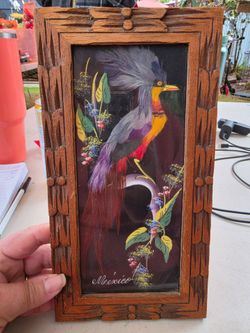 Unique Vintage Mexican Feather Art Bird in Hand Carved Wooden Frame
5.5"w x 10.5"h