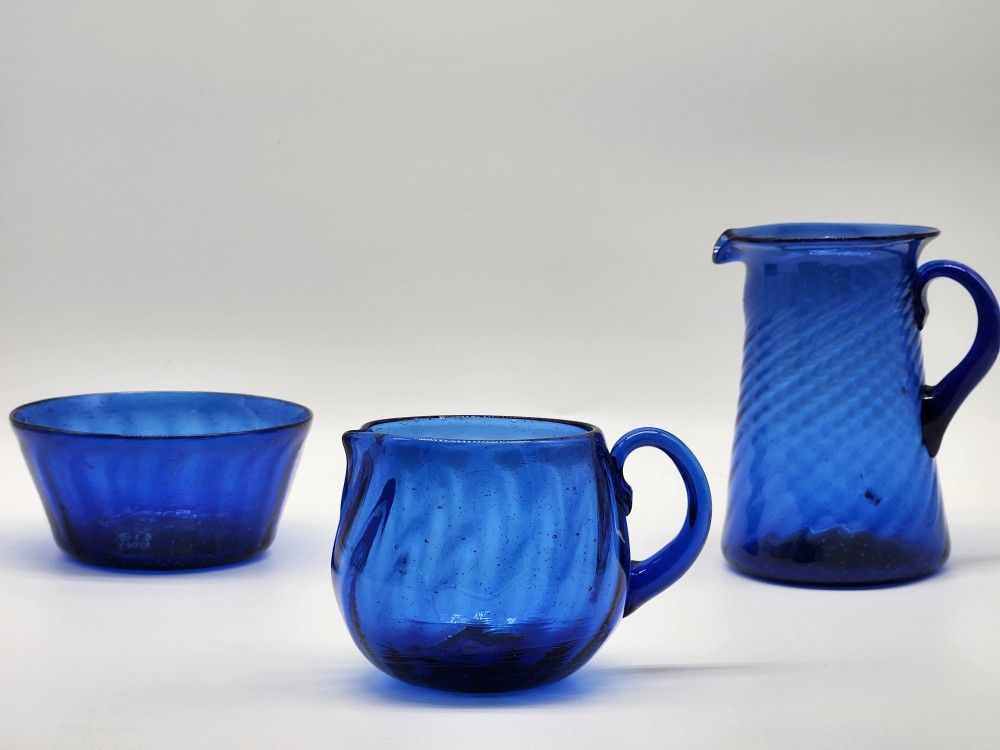 1940s Hand Blown Cobalt Blue Glass Fluted Swirled Creamer - Succulent Planter
