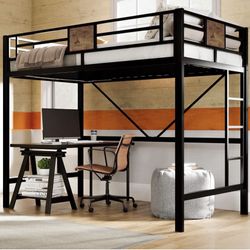 Twin Size Loft Bed Frame with Fully Enclosed Guardrail, Removable Ladders, Saving Space, No Springs, No Noise, No Shaking, Black