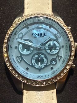 FOSSIL CH 2561 AQUA MOTHER OF PEARL DIAL Leather BAND SWAROVSKI CRYSTAL STONES