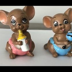2 Vtg. Josef Originals Baby Mice Figurines Rattle + Bottle 2.5” Tall Porcelain 