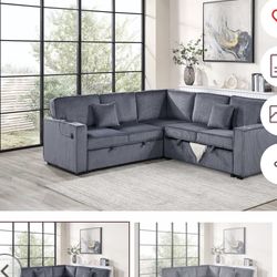 $550. Sectional Pull Out Bed With Storage USB Cup Holder Available,I Ivory,Dark Gray,Corduroy