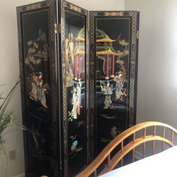 Chinese Room Divider Black Lacquer And Mother Pearl 4 Panel