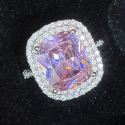 Brand New Silver Tone Fancy Giant Elongated Cushion Pink Zircon Stone Halo Style Engagement /Cocktail Ring.