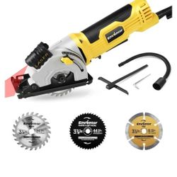 ENVENTOR Mini Circular Saw, 4.8A Electric Circular Saw Corded with Laser Guide, 4000RPM, 3 Saw Blades 3-3/8" Max Cutting Depth 1-1/16", Compact Hand S