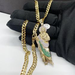 14k solid cubana chain and san judas pendant , necklance gold pendant
