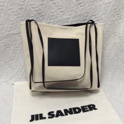 JIL SANDER Border medium canvas and leather tote bag