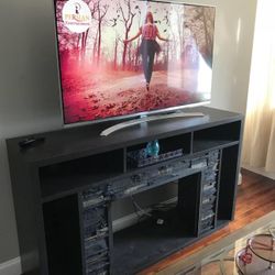 Modern Fireplace-Style TV Stand with Stone Finish – Great Condition!