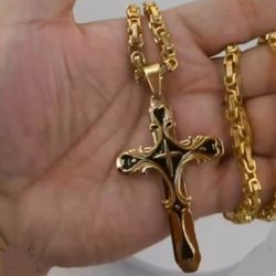3-Pcs Uniquely Crafted Multi-Layer Titanium Cross Pendant W24"Byzanyin Chain Necklace & Bracelet Set 