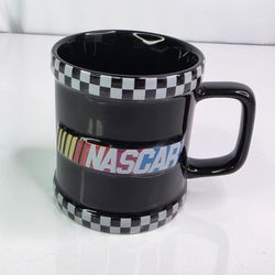 NASCAR Black Ceramic Mug Cup with  Checkered Flag Trim.