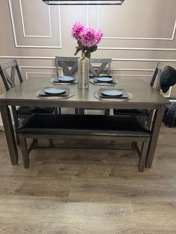 Gray Wood Dining Table Set with Chairs and Bench