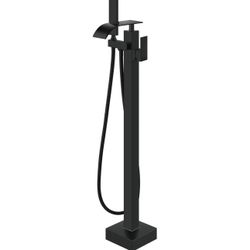 Aolemi Matte Black Freestanding Bathtub Faucet Floor Mount Tub Filler Single Handle Brass Tap with Hand Shower and Swivel Spout