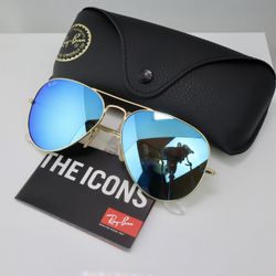 Ray Ban Classic Aviator Sunglasses in Matte Gold with Blue Mirror Lens