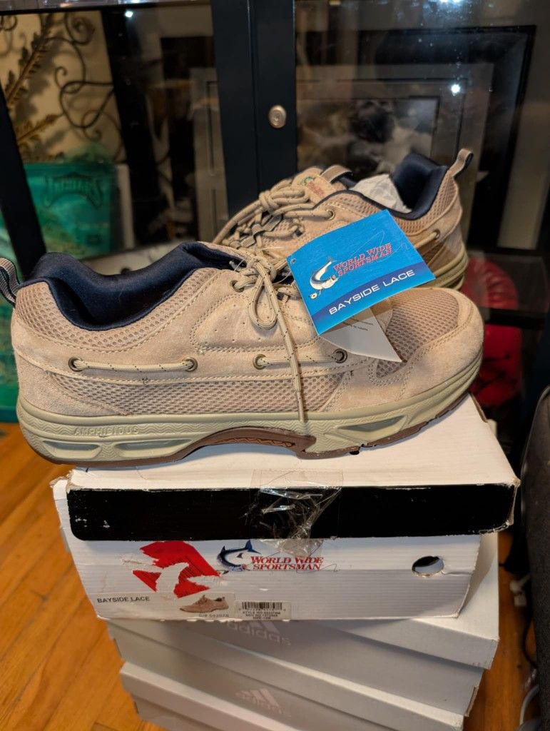 New Men's World Wide Sportsman Bayside Fishing Shoes Brown Leather Lace Up Size 12