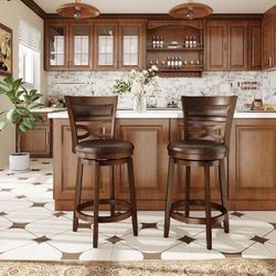 38.6 in. Counter Height Wood Swivel Bar Stools with Faux Leather Seat in Brown (Set of 2)