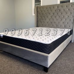 Queen Gray Chanelle Wingback Platform Bed w. Orhopedic Mattress Included 