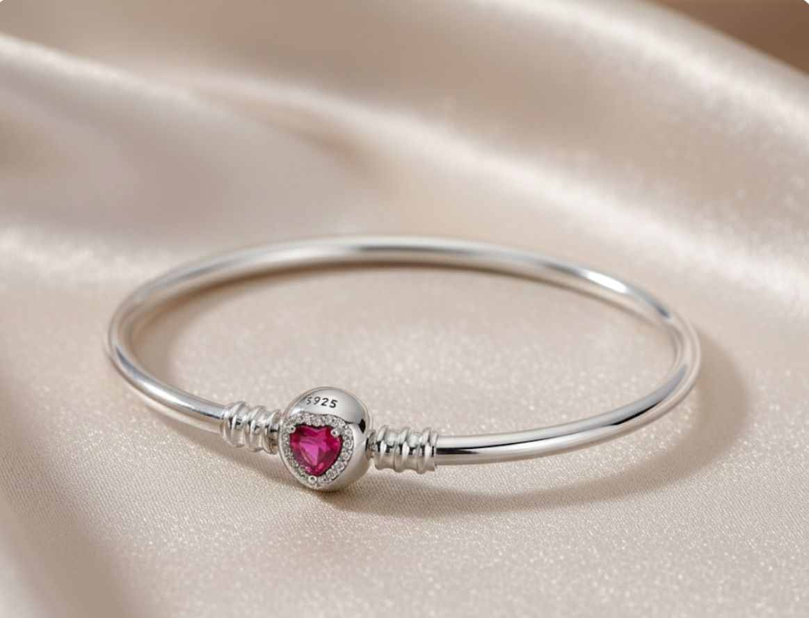 Pandora Style 925 Silver Bracelet – Sterling Silver Bangle with Pink Heart Charm, Elegant Gift for Women 