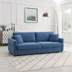 Sofa Convertible Bed Blue Fabric, Solid Wood, Others. Tight Seat And Back Cushion, Accent Pillows Included. Remivable Cushion And Back Cover, New 