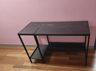 Modern Minimalist Computer Desk - Dark Brown/Black Wood-Look Surface & Black Metal Frame