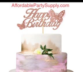 Rose Gold Happy Birthday Cake Topper With 3D Handmade Butterfly
