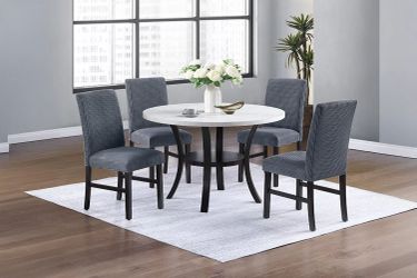 Brand new white faux marble top dining table (48"x30"H) + 4 gray corduroy chairs