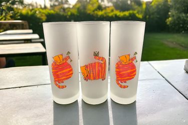 3 Dartington Design Frosted Highball Glasses Whimsical Cheshire Cats w/Tags  Set